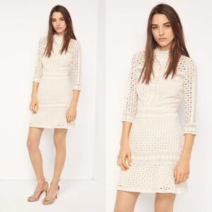 BA&SH Open Knit Lace Crochet Embroidered Long Sleeve Mini Dress Ecru Cream
